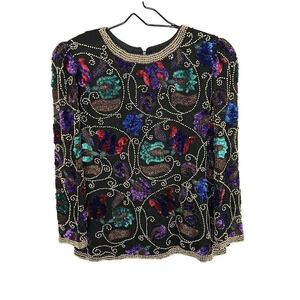 Black Tie by He-Ro Top Blouse Large 100% Silk Floral Colorful Sequin & Beaded